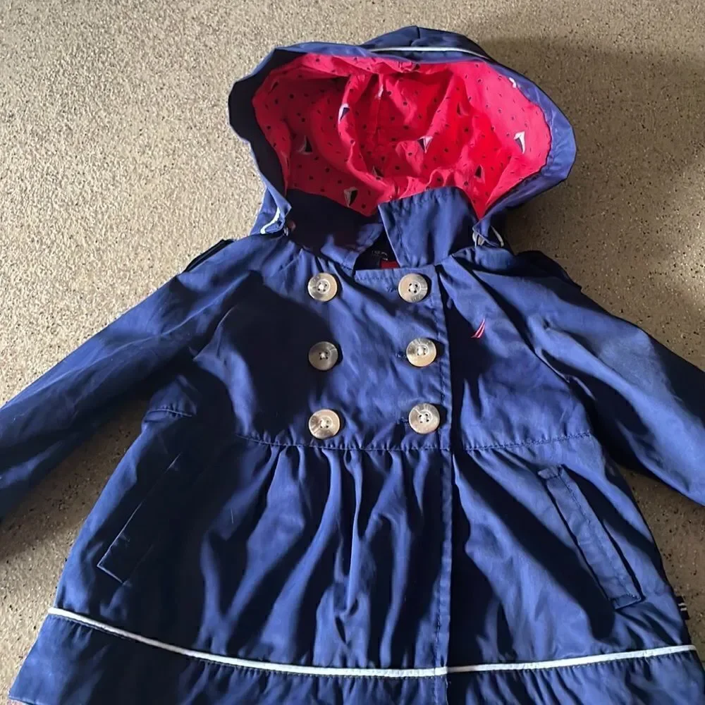 Adorable Nautica navy blue infant sailor jacket/pea coat with removable hood